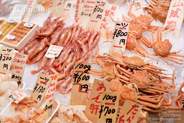 Crabs shrimp clam at Nishiki street food market seafood stall in Japan Stock photo of Crabs shrimp clam at Nishiki street food market seafood stall in Japan Buy commercial use license at MaximImages