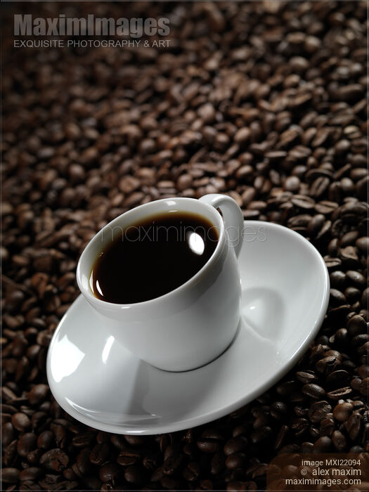 Stock photo of Cup of Coffe on Coffee Beans Buy commercial use license at MaximImages