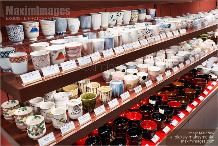 Cups and bowls in Japanese store Stock photo of Cups and bowls in Japanese store Buy commercial use license at MaximImages
