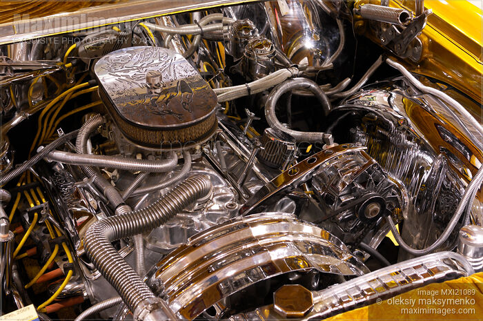 Stock photo of Custom Car Chromed Engine Buy commercial use license at MaximImages