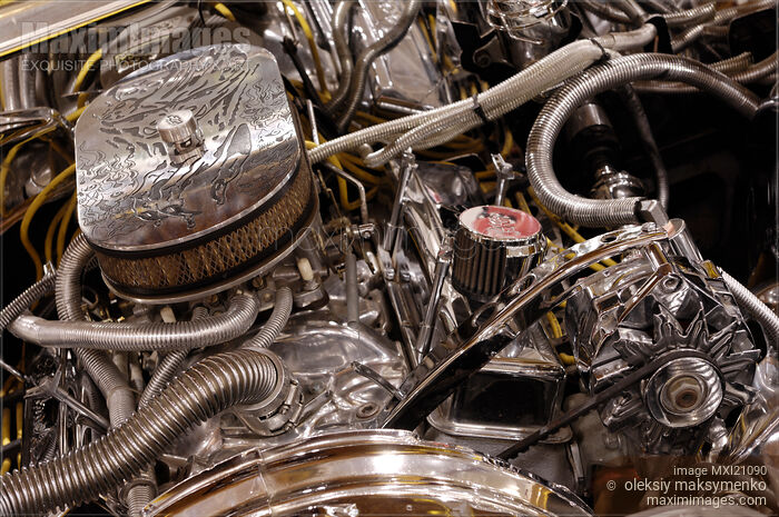 Stock photo of Custom Car Chromed Engine Buy commercial use license at MaximImages
