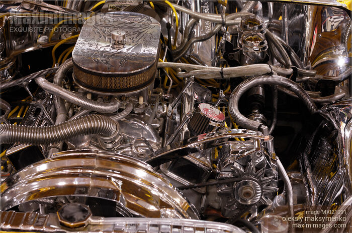 Stock photo of Custom Car Chromed Engine Buy commercial use license at MaximImages
