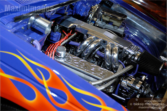Stock photo of Custom Chevrolet Hot Rod Shiny Chromic Engine Closeup Buy commercial use license at MaximImages