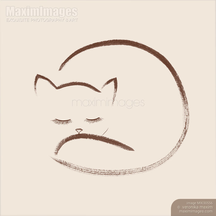 Cute cuddled up sleeping cat artistic Sumi-e painting based design brown on beige Stock image of Cute cuddled up sleeping cat artistic Sumi-e painting based design brown on beige Buy commercial use license at MaximImages