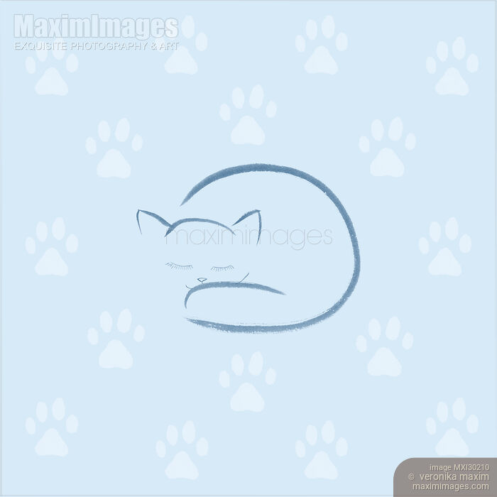 Stock image of Cute curled up sleeping kitty cat illustration with white paw prints on light blue background Buy commercial use license at MaximImages