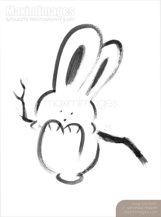 Stock image of Cute happy bunny rabbit swinging on a branch illustration on white Buy commercial use license at MaximImages