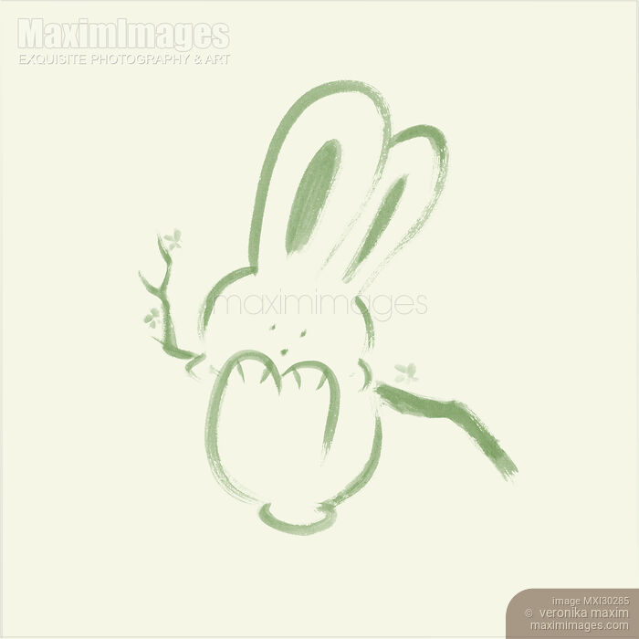 Stock image of Cute happy green bunny rabbit swinging on a branch illustration on light green Buy commercial use license at MaximImages