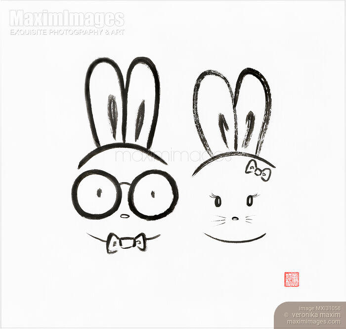 Stock image of Cute kawaii bunny couple minimalistic ink painting Buy commercial use license at MaximImages
