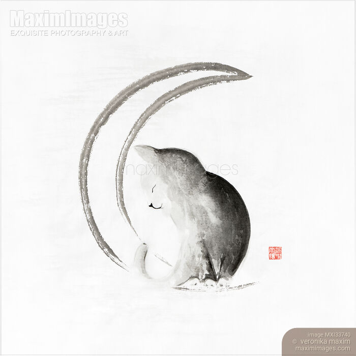Cute little cat sitting on crescent moon Japanese Zen Sumi-e painting black on white Stock image of Cute little cat sitting on crescent moon Japanese Zen Sumi-e painting black on white Buy commercial use license at MaximImages
