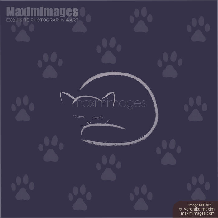 Cute sleeping kitten illustration with paw prints on purple blue background Stock image of Cute sleeping kitten illustration with paw prints on purple blue background Buy commercial use license at MaximImages