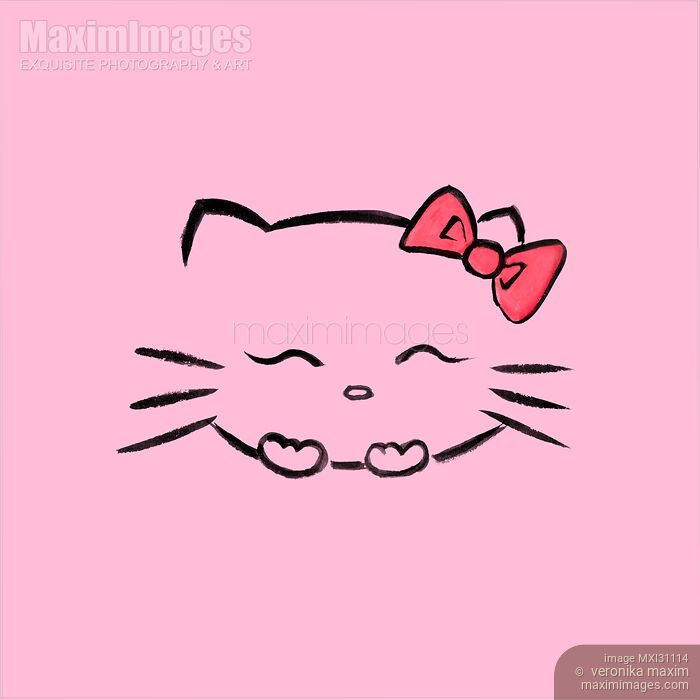 Stock image of Cute smiling kitty kawaii character illustration on pink Buy commercial use license at MaximImages