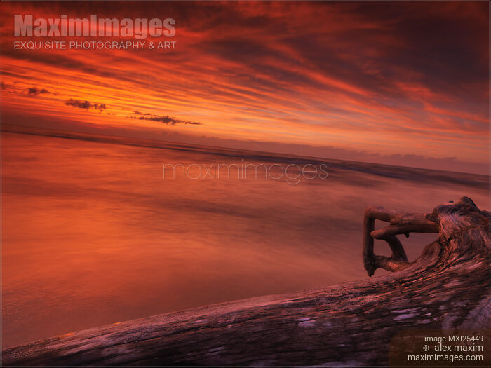 Stock photo of Dark red dramatic sunset scenery over lake Huron Buy commercial use license at MaximImages