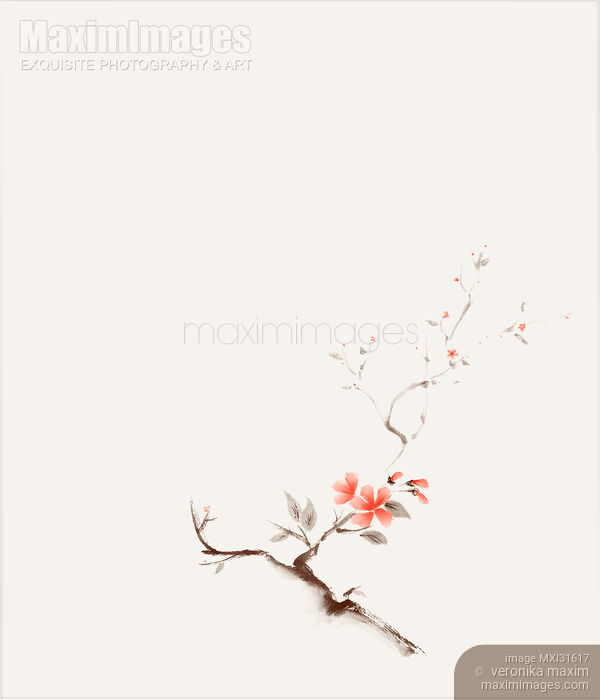 Delicate minimalistic brown sakura branch with coral red flowers on beige sumi-e design Stock image of Delicate minimalistic brown sakura branch with coral red flowers on beige sumi-e design Buy commercial use license at MaximImages