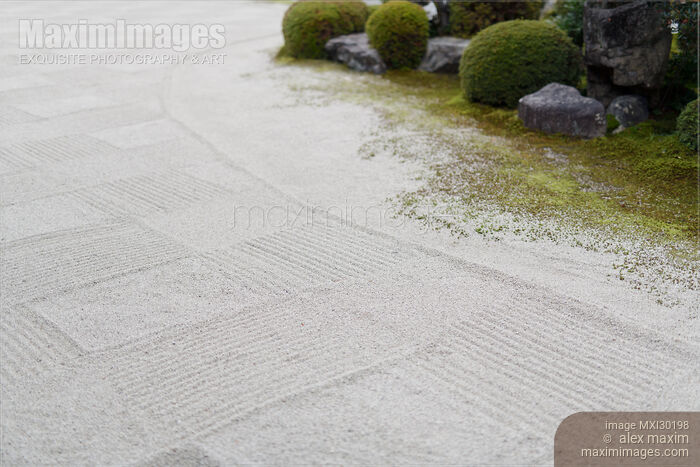 Stock photo of Detail of a checkered white gravel Zen garden at Kaizando hall Tofuku-ji Kyoto Buy commercial use license at MaximImages