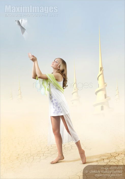 Stock photo of Digital Fantasy Photo-Illustration of a Girl with a Peace Dove Buy commercial use license at MaximImages