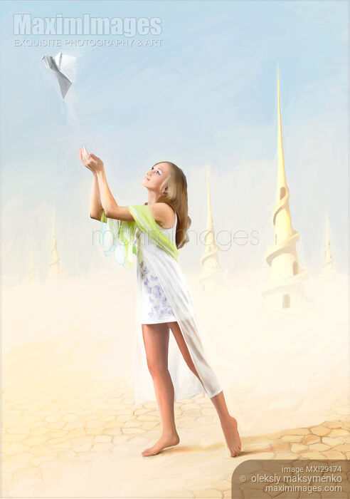 Stock photo of Digital Oil Painted Fantasy Photo-Illustration of a Girl with a Peace Dove Buy commercial use license at MaximImages