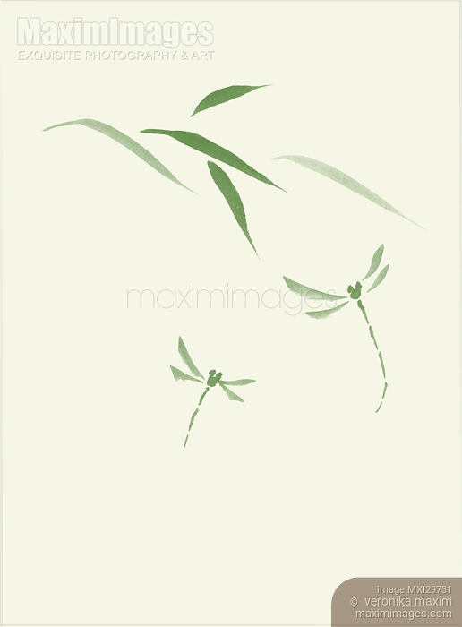 Image of Dragonflies and bamboo leaves Japanese Zen Sumie painting