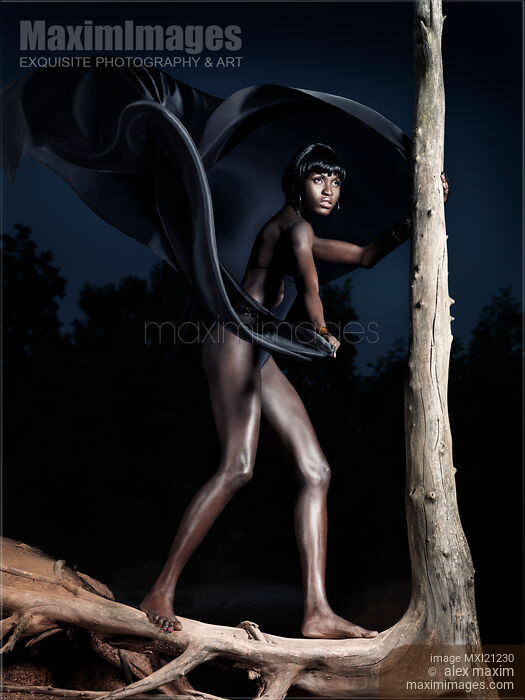 Stock photo of Dramatic fine art portrait of a beautiful black exotic african woman standing on a dead tree in the night Buy commercial use license at MaximImages
