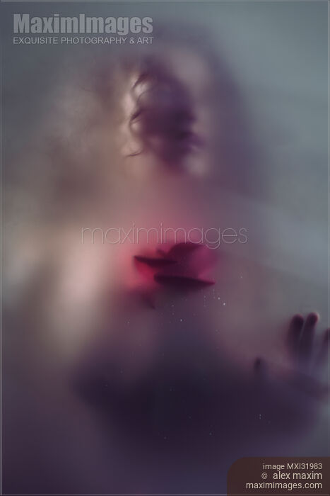 Stock photo of Dream-like ghostly sensual woman face with red rose behind a hazy foggy glass fine art portrait Buy commercial use license at MaximImages