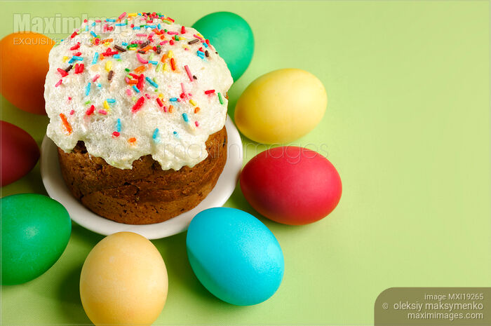 Stock photo of Easter cake and colored eggs Buy commercial use license at MaximImages