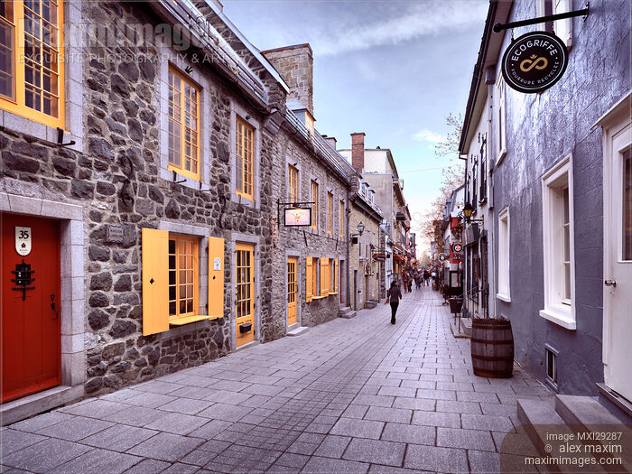 Stock photo of Ecogriffe Amimoc and other stores and restaurants on Rue du Petit Champlain in Old Quebec City Buy commercial use license at MaximImages