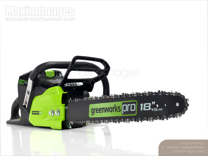 Stock photo of Electric Cordless Chainsaw on white background Buy commercial use license at MaximImages