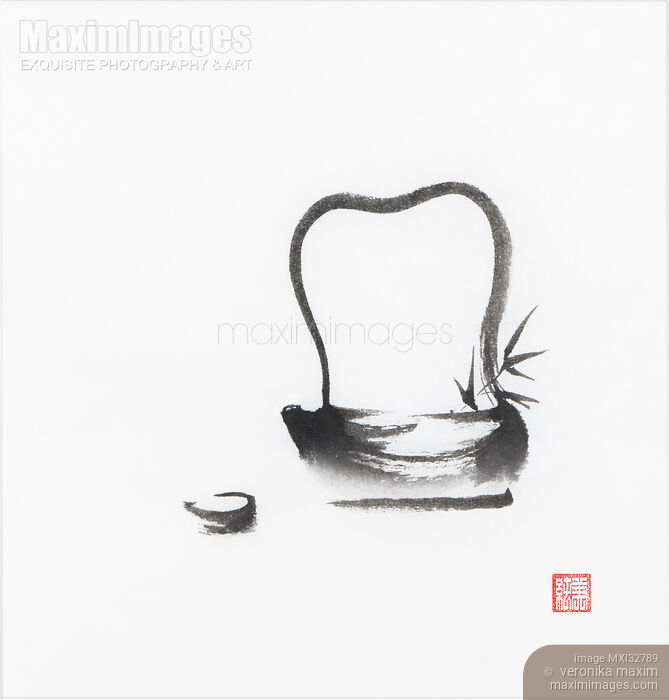 Art Print of Elegant Zen sumi-e ink painting of an antique teapot with a cup black on white Buy this Wall Art at MaximImages