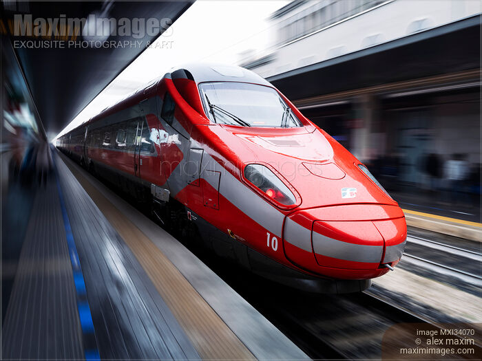 Stock photo of ETR 500 Frecciarossa Italian high-speed red bullet train Buy commercial use license at MaximImages