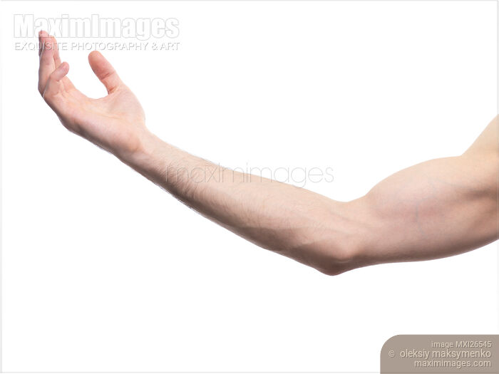 Extended male arm with open palm isolated on white Stock photo of Extended male arm with open palm isolated on white Buy commercial use license at MaximImages