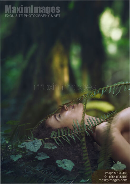 Face of a woman lying on green moss in a forest covering her naked body with ferns Stock photo of Face of a woman lying on green moss in a forest covering her naked body with ferns Buy commercial use license at MaximImages