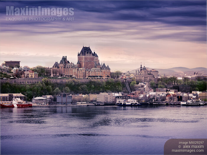 Fairmont Le Chateau Frontenac grand hotel and St. Lawrence river Quebec City skyline at dusk Stock photo of Fairmont Le Chateau Frontenac grand hotel and St. Lawrence river Quebec City skyline at dusk Buy commercial use license at MaximImages