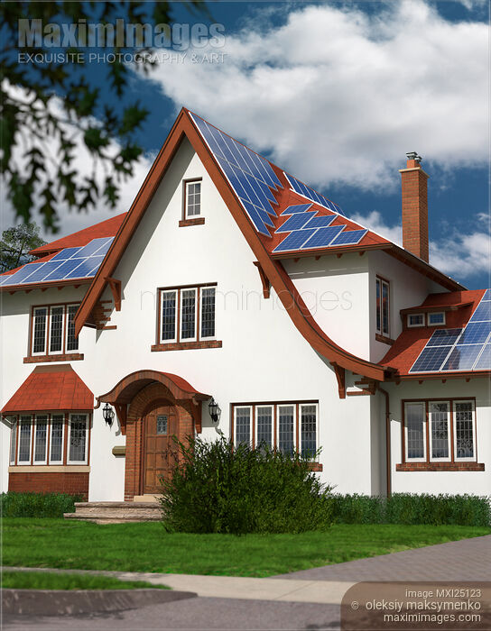 Family house with solar panels Stock image of Family house with solar panels Buy commercial use license at MaximImages