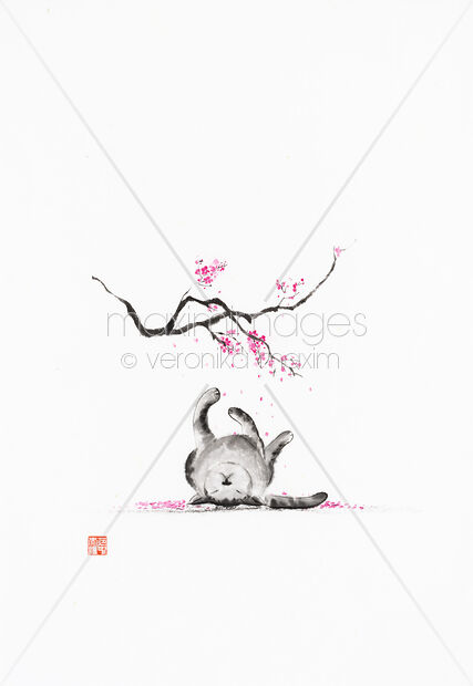 Fine art sumi-e painting of a cute cat lying asleep under pink sakura tree blossoms Original Artwork of Fine art sumi-e painting of a cute cat lying asleep under pink sakura tree blossoms Buy this Painting at MaximImages