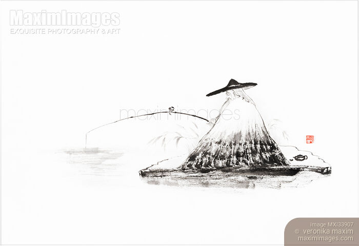 Stock image of Fine art sumi-e Zen style painting artwork of an old sage Lao Tzu fishing in a lake Buy commercial use license at MaximImages