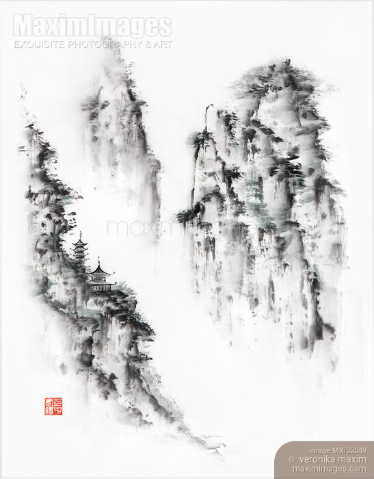 Floating misty mountains ethereal landscape with a temple on a cliff Chinese brush Fine art sumi-e painting Stock image of Floating misty mountains ethereal landscape with a temple on a cliff Chinese brush Fine art sumi-e painting Buy commercial use license at MaximImages