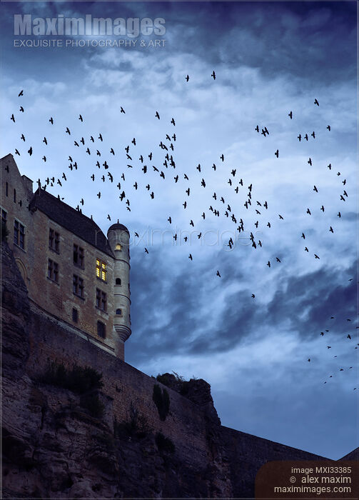Flock of crows flying over a French stone castle on a mountain cliff under dramatic stormy twilight sky Stock photo of Flock of crows flying over a French stone castle on a mountain cliff under dramatic stormy twilight sky Buy commercial use license at MaximImages