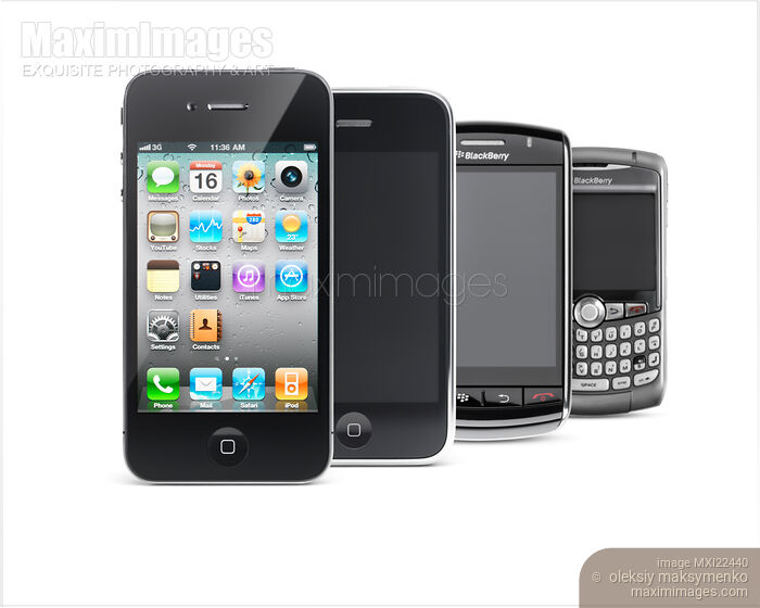Four iPhone and Blackberry Smartphones Stock photo of Four iPhone and Blackberry Smartphones Buy commercial use license at MaximImages