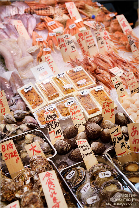 Fresh seafood shrimp oysters scallops shellfish at Nishiki market in Kyoto Stock photo of Fresh seafood shrimp oysters scallops shellfish at Nishiki market in Kyoto Buy commercial use license at MaximImages