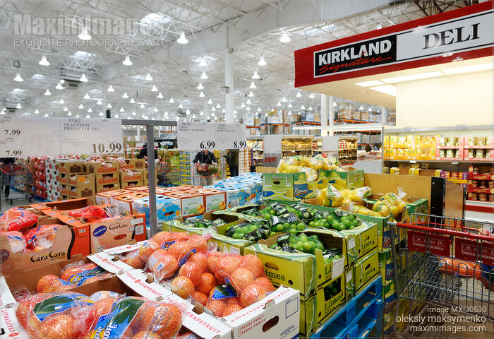 Stock photo of Fruits and groceries at Costco Wholesale warehouse store food section Buy commercial use license at MaximImages