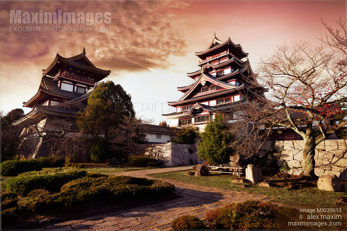 Stock photo of Fushimi Castle or Fushimi-Momoyama Castle colorful red sunset scenery Kyoto Japan Buy commercial use license at MaximImages