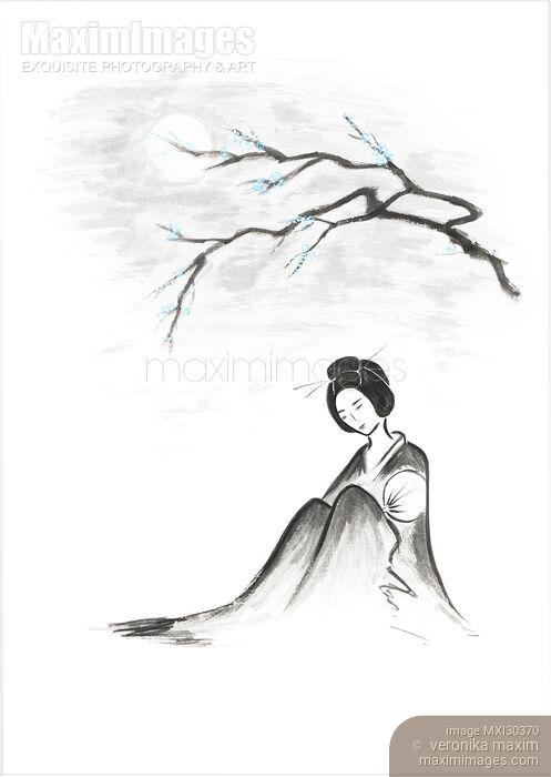 Stock image of Geisha sitting under sakura branch in the moonlight Japanese Zen Sumi-e painting on white Buy commercial use license at MaximImages