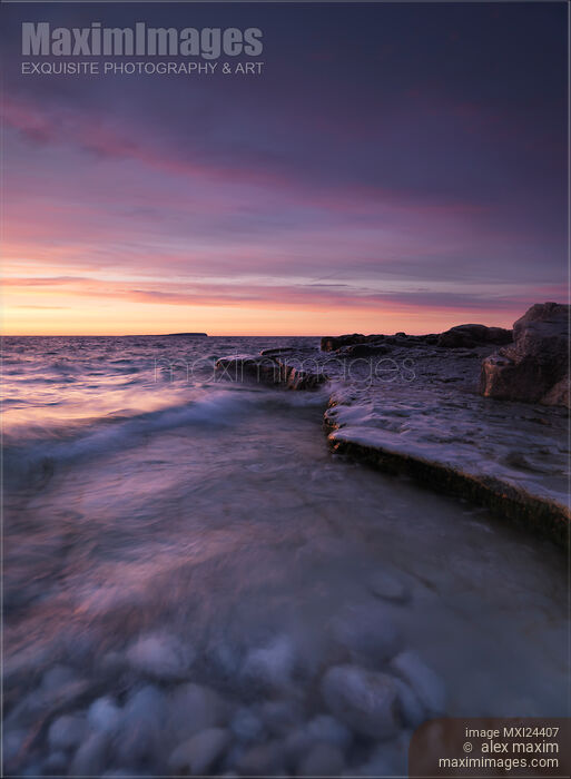 Stock photo of Georgian Bay shore at sunset Buy commercial use license at MaximImages