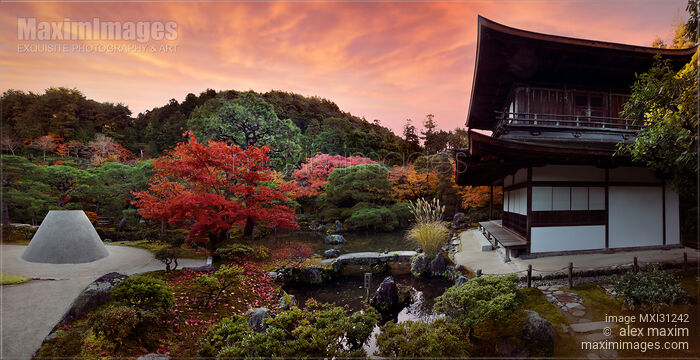 Stock photo of Ginkaku-ji Temple of the Silver Pavilion Zen garden with Mount Fuji symbol in autumn sunset scenery in Kyoto Buy commercial use license at MaximImages