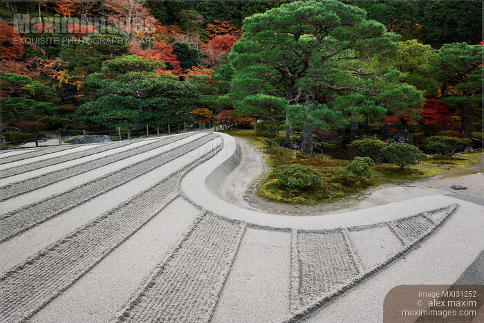 Stock photo of Ginshadan sand garden representing a Fuji lake in an autumn scenery of Ginkaku-ji Temple Zen garden Buy commercial use license at MaximImages