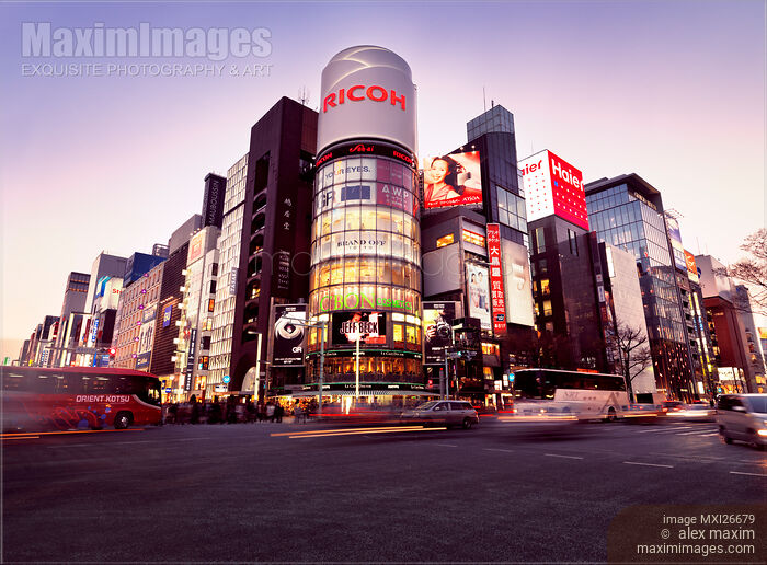 Stock photo of Ginza Tokyo Harumi Dori and Chou Dori intersection at night Buy commercial use license at MaximImages