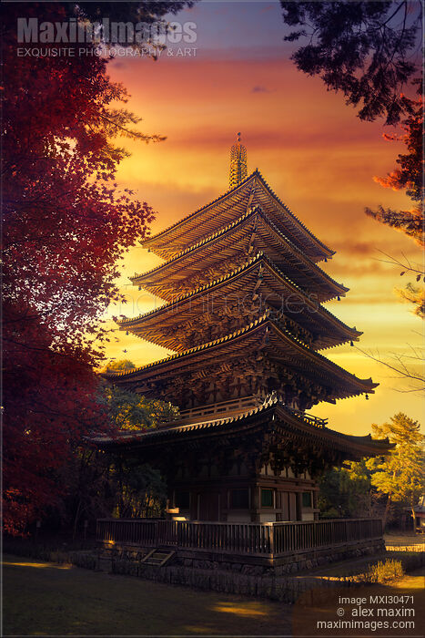 Goju-No-To five-storey pagoda Gojunoto in dramatic autumn sunset scenery Daigo-ji temple in Kyoto Japan Stock photo of Goju-No-To five-storey pagoda Gojunoto in dramatic autumn sunset scenery Daigo-ji temple in Kyoto Japan Buy commercial use license at MaximImages