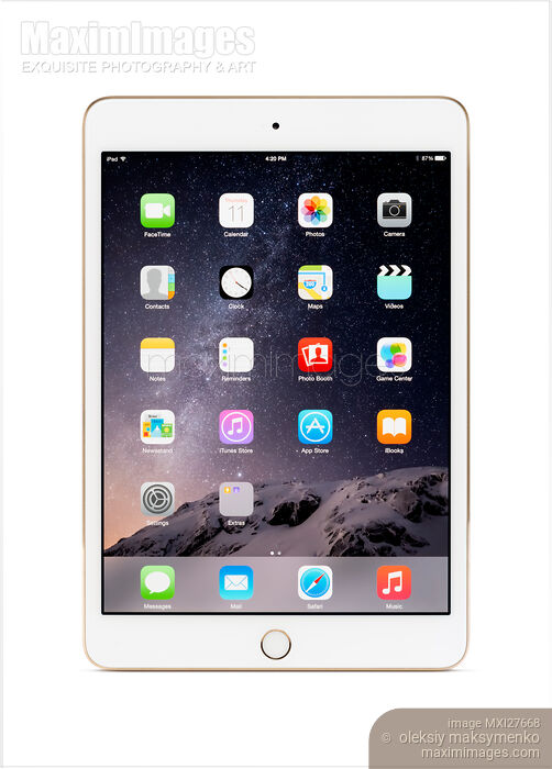 Gold Apple iPad Mini 3 tablet isolated on white Stock photo of Gold Apple iPad Mini 3 tablet isolated on white Buy commercial use license at MaximImages