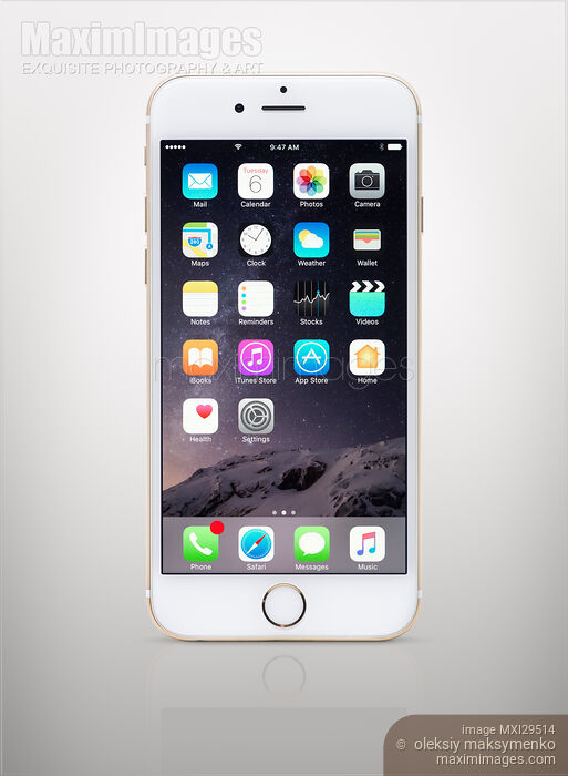 Gold Apple iPhone 6 6s isolated on light gray background Stock photo of Gold Apple iPhone 6 6s isolated on light gray background Buy commercial use license at MaximImages
