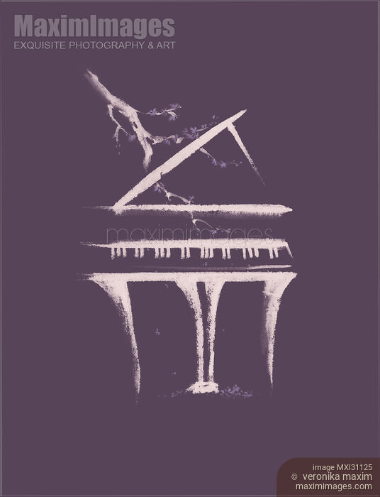 Image of Grand piano with a branch of sakura blossom artistic