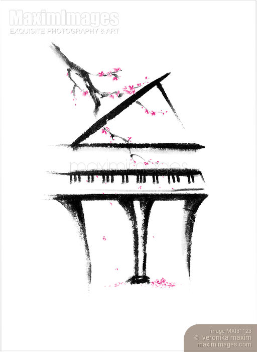 Stock image of Grand piano with a branch of sakura blossom artistic sumi-e illustration Buy commercial use license at MaximImages